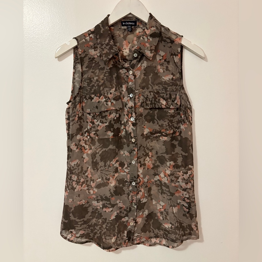 Sheer Sleeveless Camouflage Blouse